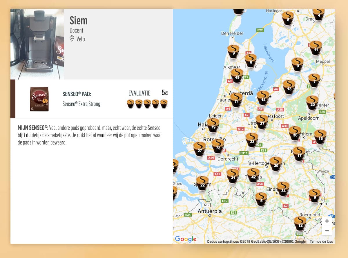 Os usuários registravam sua localização, enviavam uma foto e nos diziam por que gostavam de Senseo e onde o usariam..